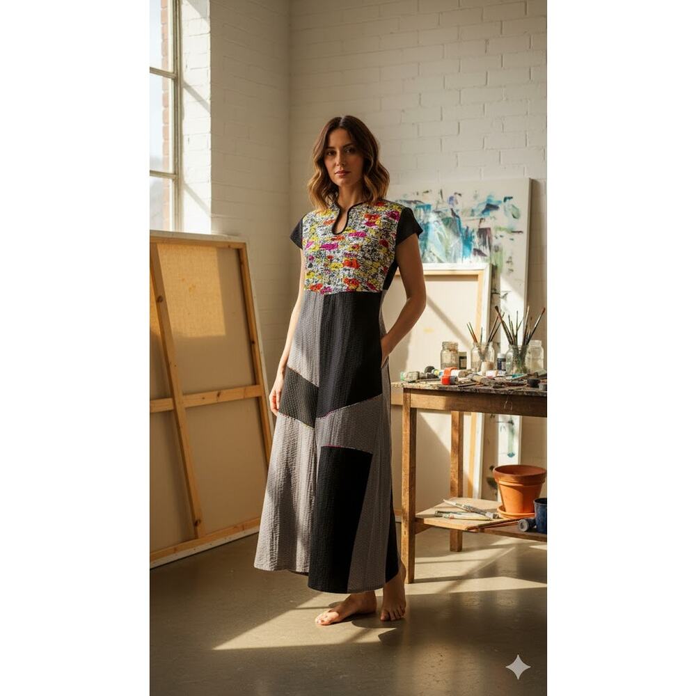 Vintage Art to Wear Patchwork Maxi Dress Quilted Color festival Block Boho‎
